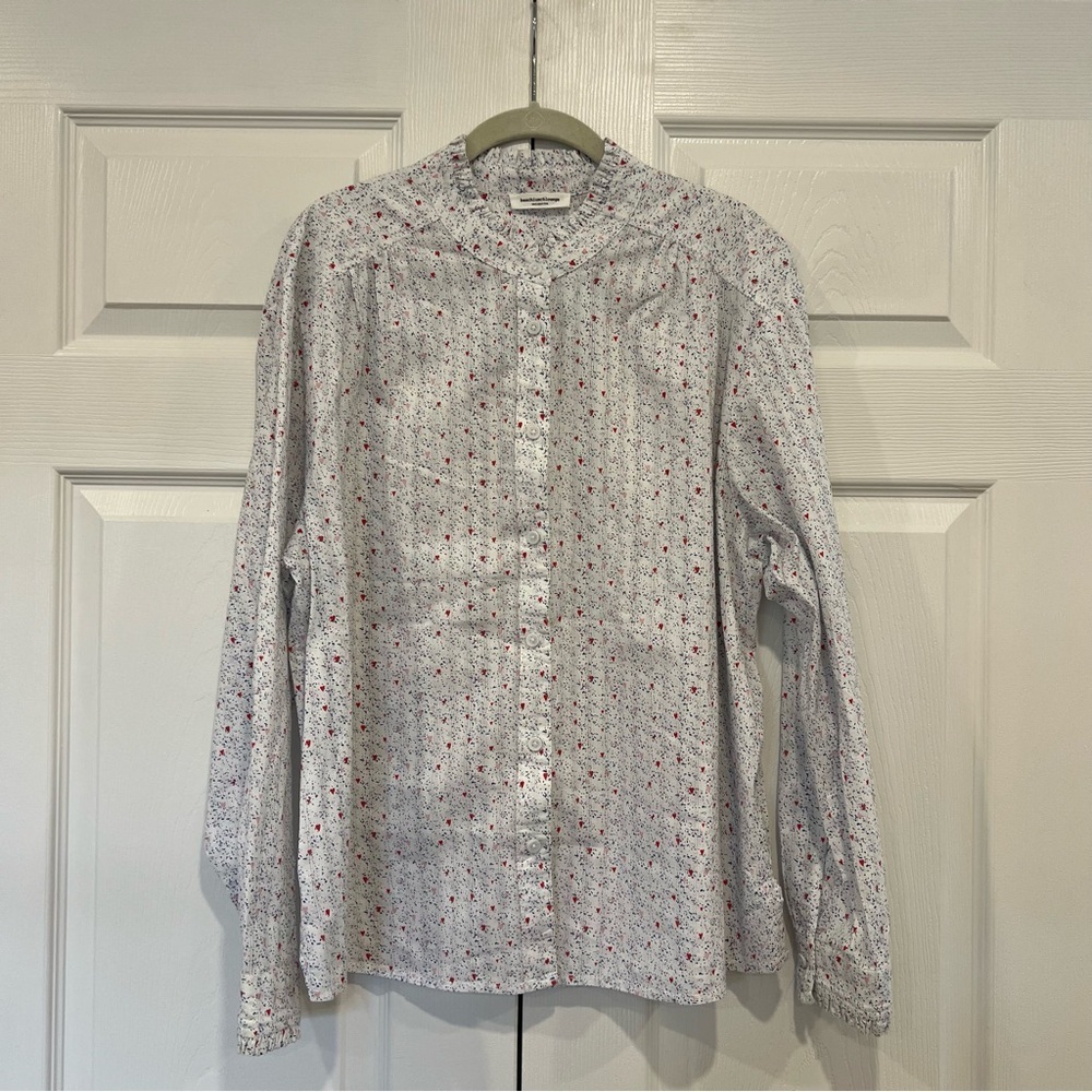 beachlunchlounge Karolee Heart Print Cotton Shirt Ruffle Neck Buttons Womens‎ XL